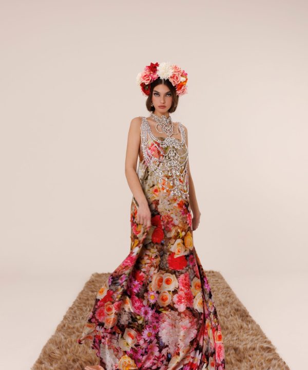 Floral Majesty saf ipek elbise ön görünüm