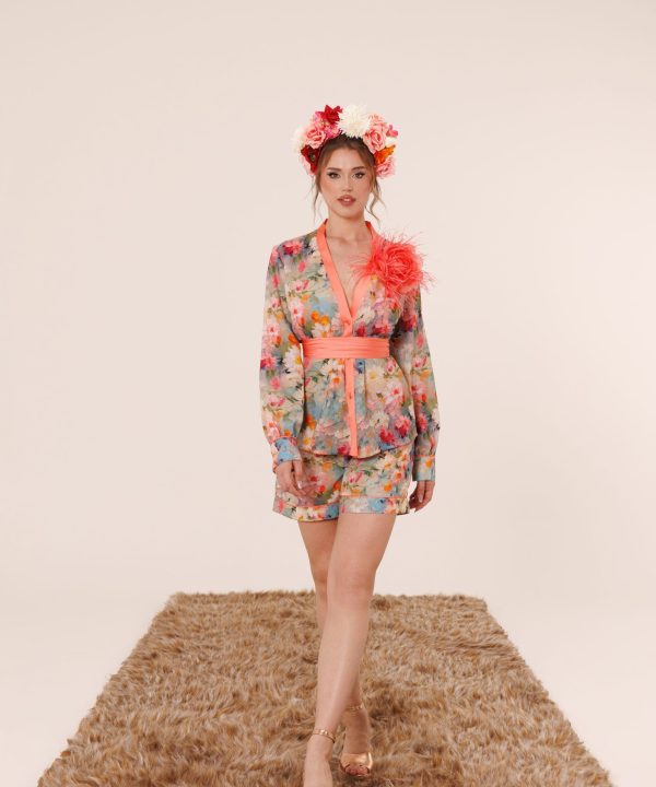 Flower Bomb pamuk keten şort takım, floral desenli yazlık kadın resort wear tasarımı