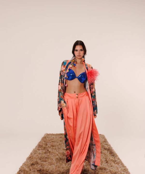 İpek karışımlı Coral Garden kimono pantolon takım ön görünüm