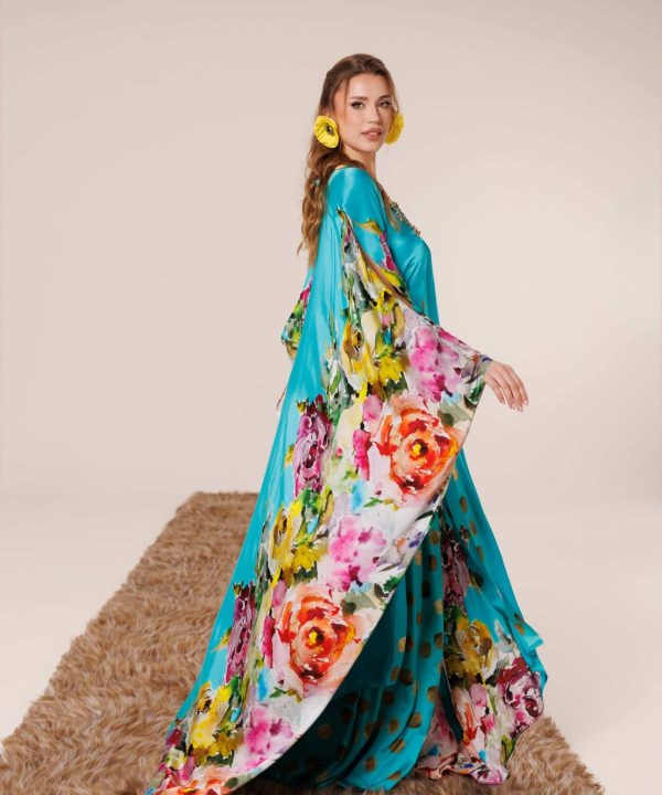 Turquoise Generalife ipek pantolonlu kimono takım
