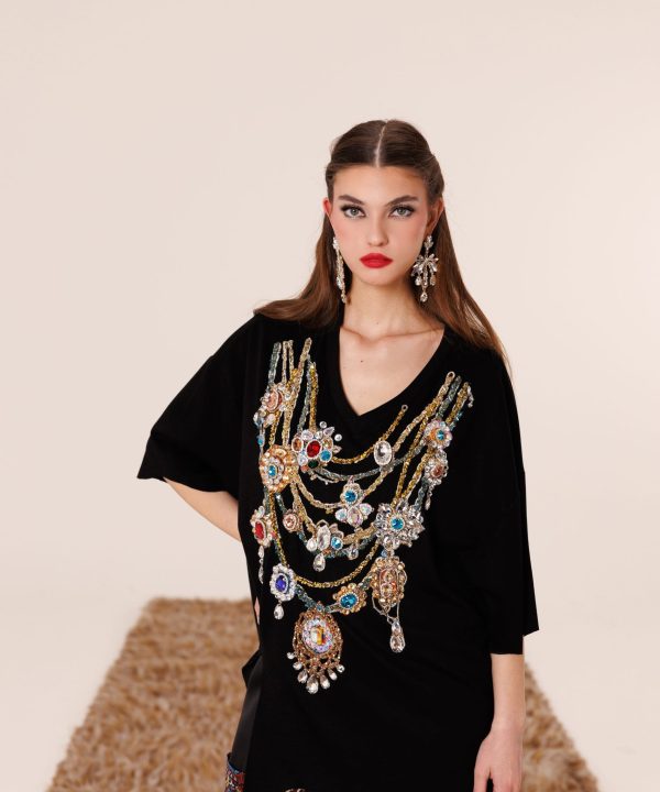 The Jewel Tshirt siyah bambu kumaş taş işlemeli luxury gömlek ön görünüm