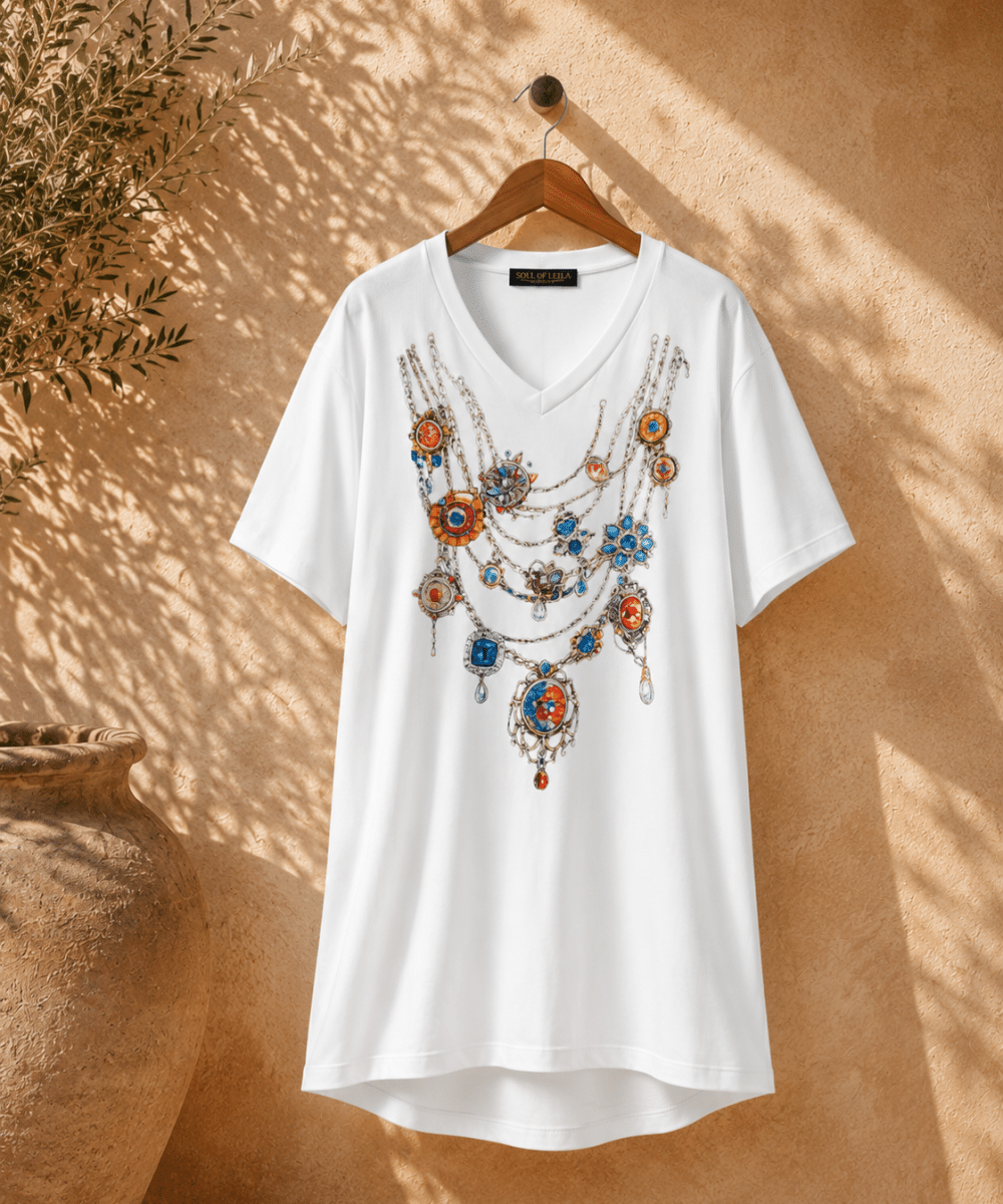 Soul of Leila Leila Jewel Bamboo T-Shirt beyaz V yaka takı baskılı yüzde yüz bambu kadın tişört ürün fotoğrafı
