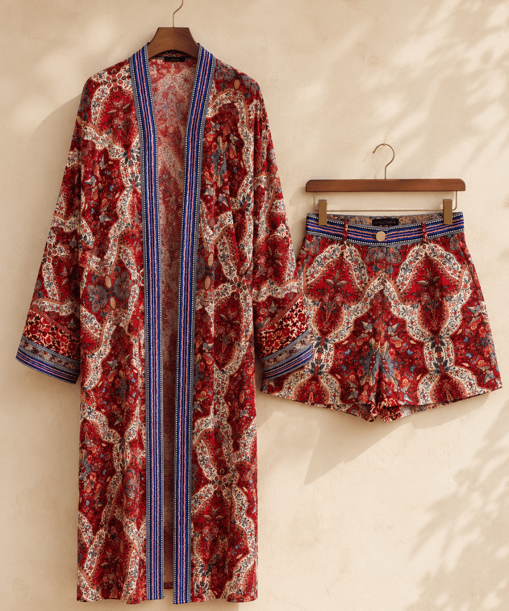 Leila Terra Paisley Japon ipek kimono şort takımı, kırmızı desenli uzun kimono ve uyumlu şort askıda ürün fotoğrafı.