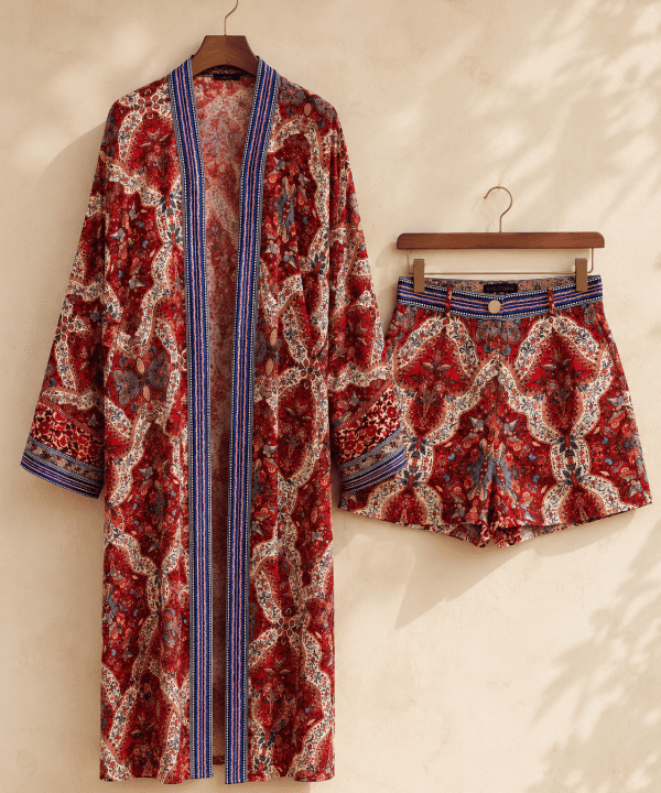 Leila Terra Paisley Japon ipek kimono şort takımı, kırmızı desenli uzun kimono ve uyumlu şort askıda ürün fotoğrafı.