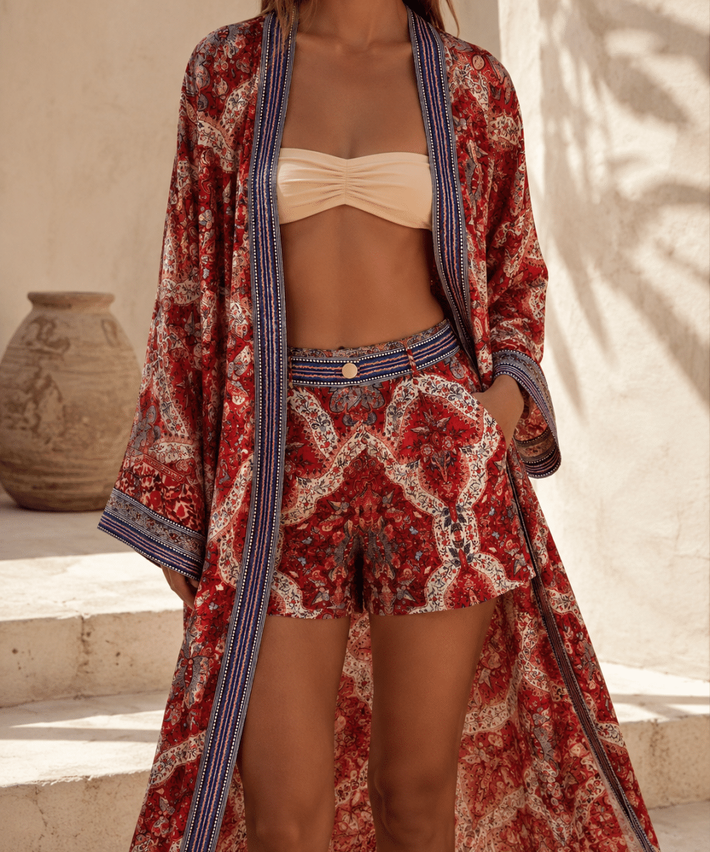 Leila Terra Paisley Japon ipek kimono şort takımı, model üzerinde kırmızı desenli uzun kimono ve uyumlu şort ile yakın plan resortwear görünümü.