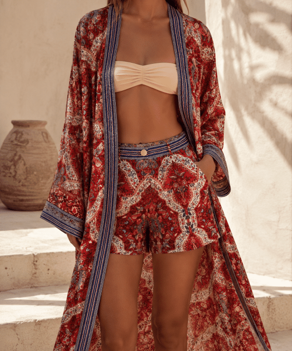 Leila Terra Paisley Japon ipek kimono şort takımı, model üzerinde kırmızı desenli uzun kimono ve uyumlu şort ile yakın plan resortwear görünümü.