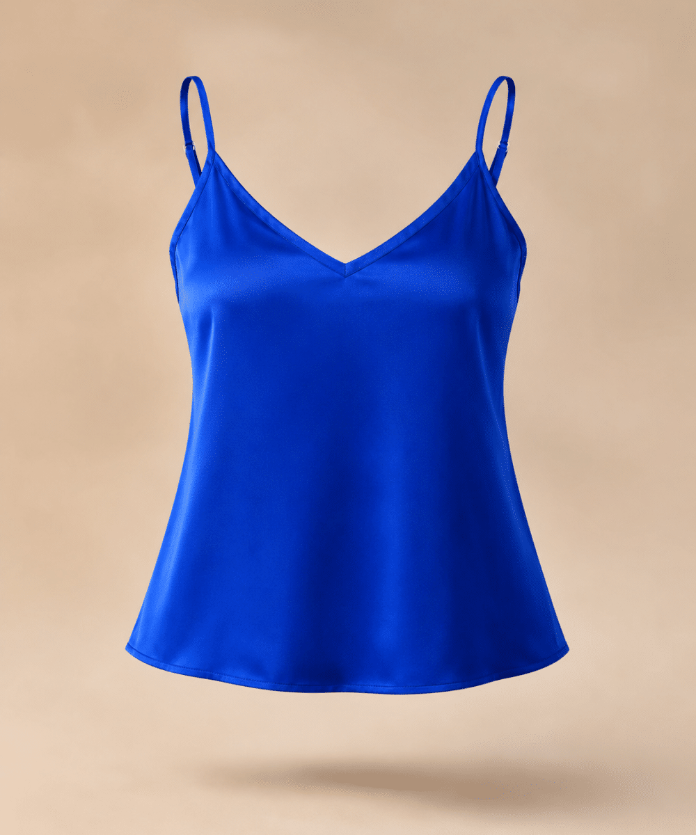 Saks mavi ipek askılı bluz Soul of Leila Leila Sapphire Silk Camisole Blouse V yaka parlak kadın bluz ürün fotoğrafı