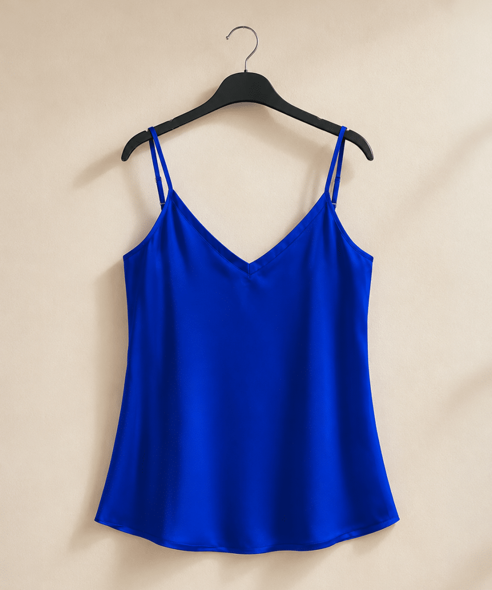 Leila Sapphire Silk Camisole Blouse askıda saks mavi ipek askılı bluz V yaka kadın üst ürün görseli