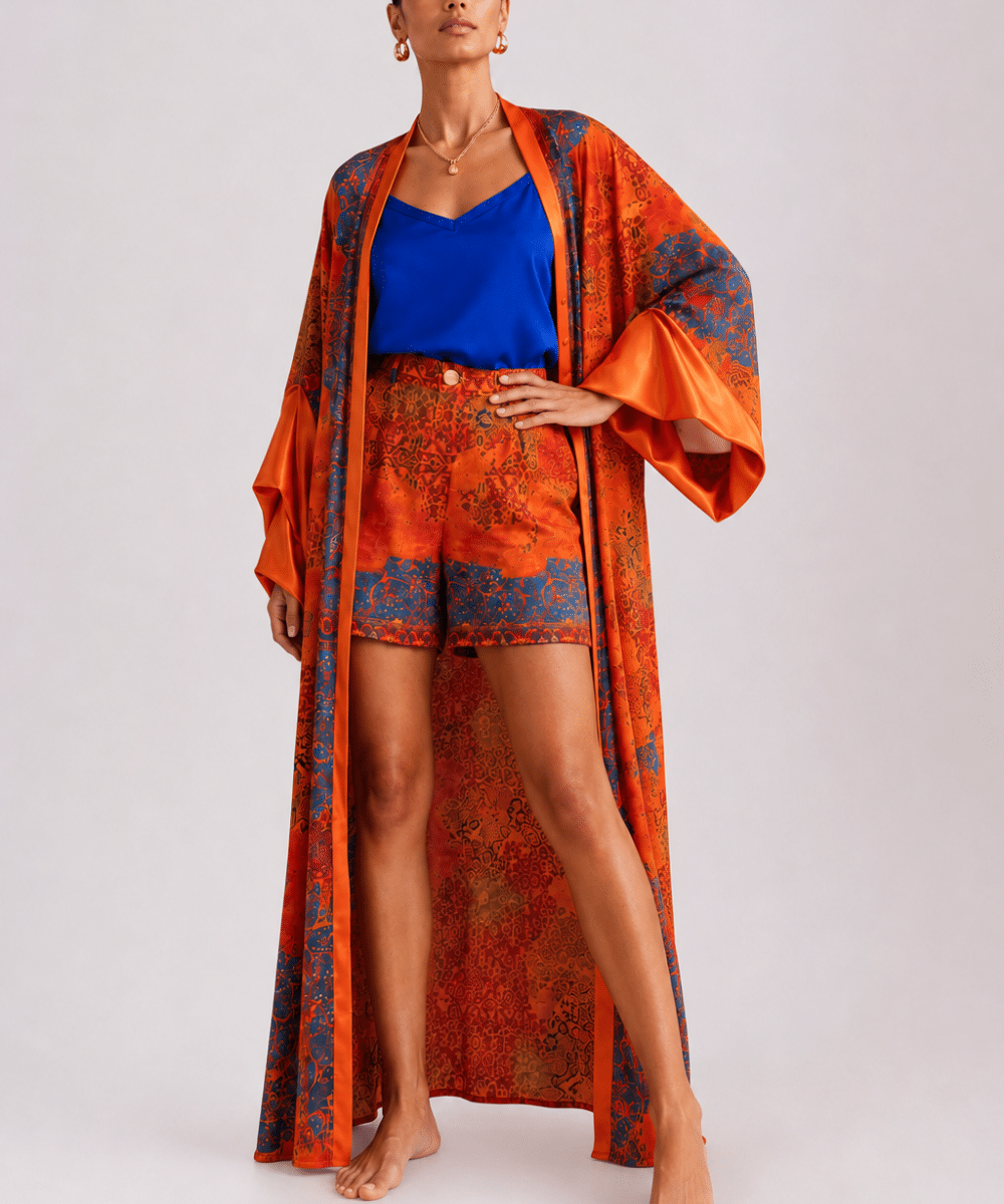 Marrakech Sunset uzun kimono ve şort takımı, turuncu ve kobalt mavi desenli Japon ipek karışımı kumaşla önden görünüm.