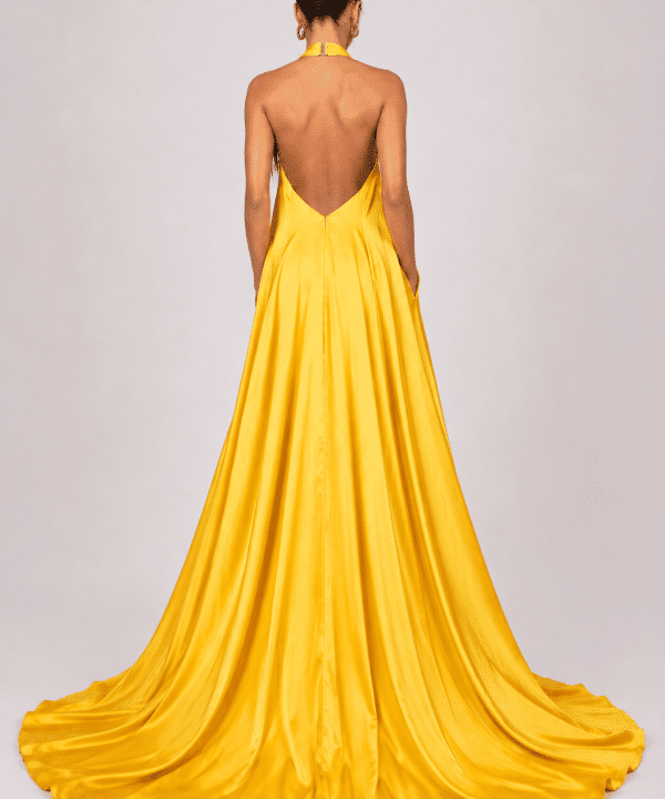 Solar Empress sarı ipek elbise, sırt dekolteli tasarımı ve uzun dökümlü eteğiyle arkadan görünüm.