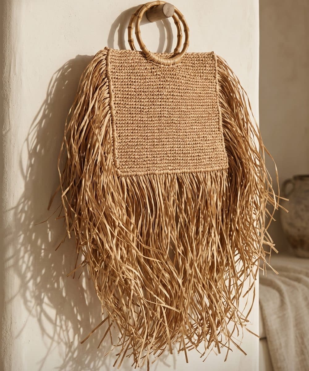Leila Natural Fringe Handbag doğal ışıkta duvarda asılı hasır püsküllü el çantası yazlık resort aksesuar