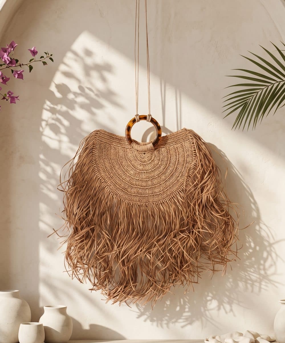 Soul of Leila Leila Crescent Fringe Handbag doğal hasır püsküllü kadın el çantası yarım ay formunda resort aksesuar ürün fotoğrafı