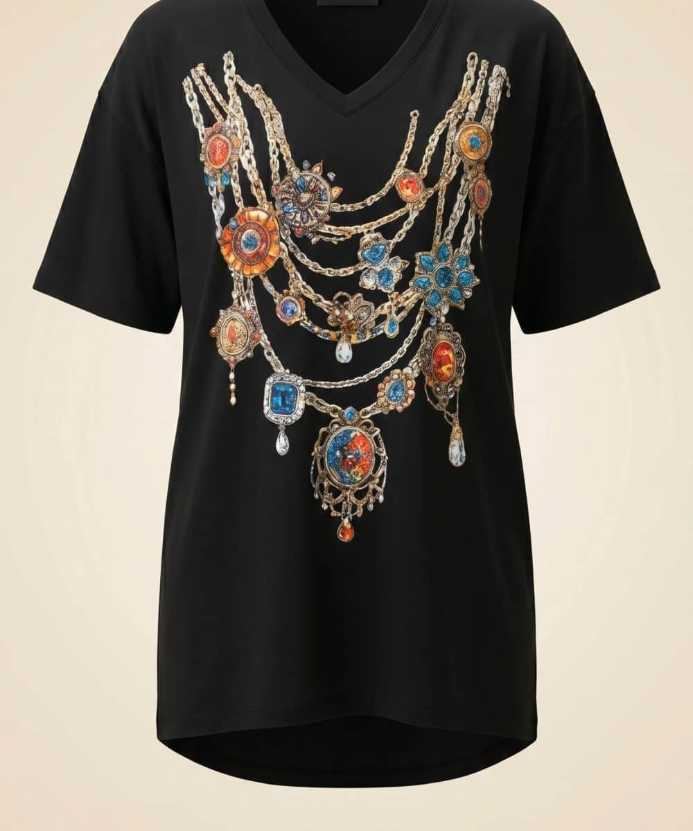 Soul of Leila Leila Jewel Black Oversize Bamboo T-Shirt siyah V yaka takı baskılı yüzde yüz bambu oversize kadın tişört ürün fotoğrafı