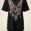 Soul of Leila Leila Jewel Black Oversize Bamboo T-Shirt siyah V yaka takı baskılı yüzde yüz bambu oversize kadın tişört ürün fotoğrafı