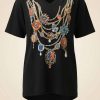 Soul of Leila Leila Jewel Black Oversize Bamboo T-Shirt siyah V yaka takı baskılı yüzde yüz bambu oversize kadın tişört ürün fotoğrafı