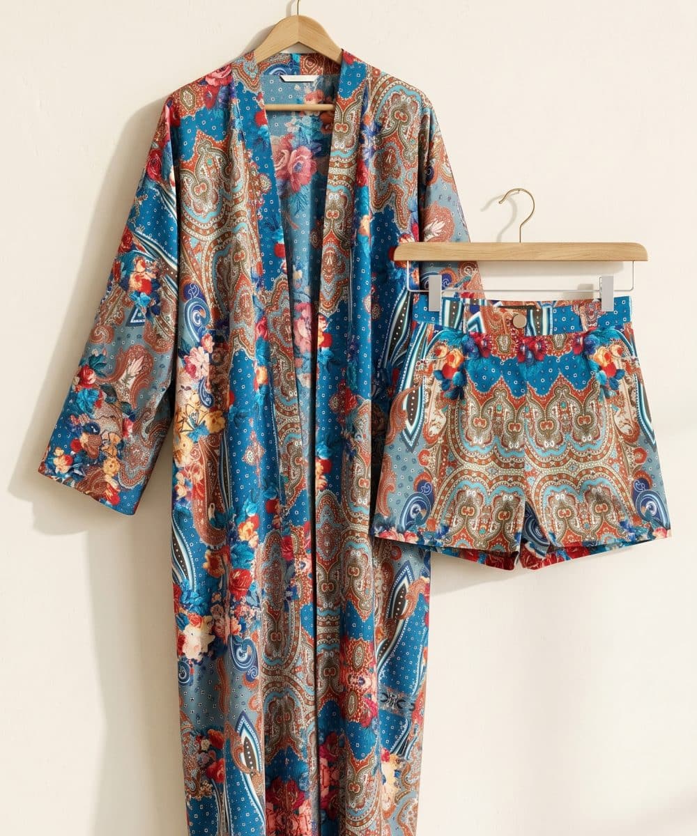 Soul of Leila Leila Azure Paisley Kimono Set japon ipek kumaşlı mavi desenli kimono ve şort ikili takım askıda ürün fotoğrafı