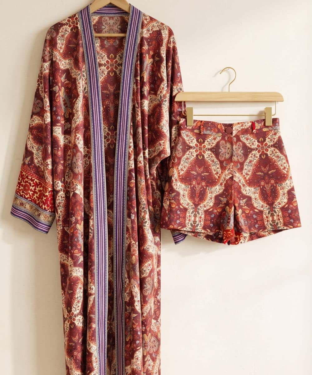 Soul of Leila Leila Terra Paisley Kimono Set japon ipek kumaşlı desenli kimono ve şort 2li takım askıda ürün fotoğrafı