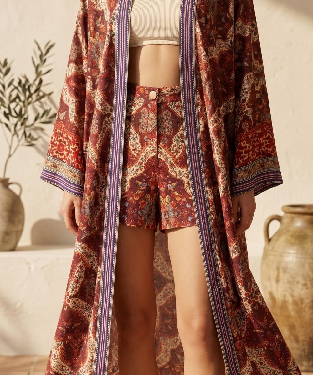 Leila Terra Paisley Kimono Set kadın üzerinde ön görünüm japon ipek desenli uzun kimono ve şort 2li takım ürün fotoğrafı