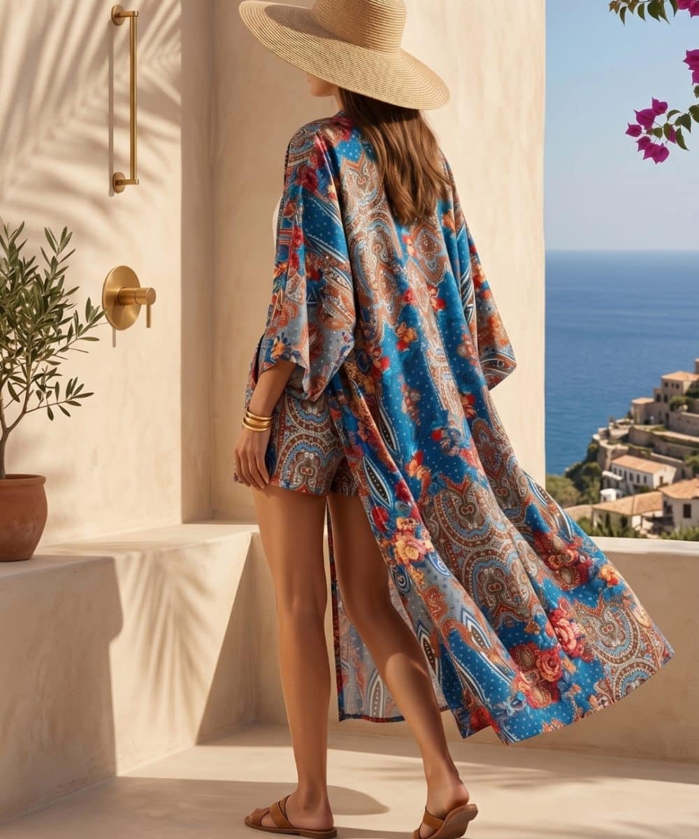 Leila Azure Paisley Kimono Set kadın üzerinde arka görünüm japon ipek mavi desenli kimono ve şort takım resort stil ürün fotoğrafı